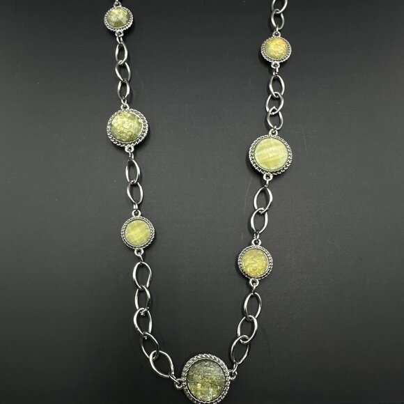 Charming Charlie Necklace Silver Tone Green Yellow Faceted Gem Link Chain 30" - Picture 1 of 9